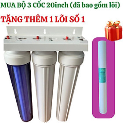Bộ lọc nước sinh hoạt 3 cốc 20inch (gồm cốc +tay vặn+lõi 1,2,3 +pat treo), màu cốc tùy đợt/ lọc đầu nguồn