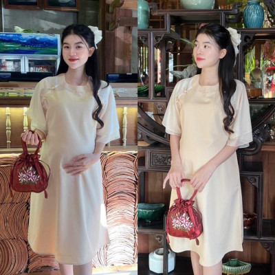 Đầm bầu thiết kế kiểu Áo dài cách tân Chất Cotton Lạnh đính nơ xinh xắn, thanh lịch