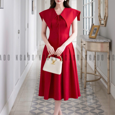 Đầm đỏ xếp ly cổ thuỷ thủ NGADO , đầm dài , đầm kiểu , đầm công sở , dự tiệc