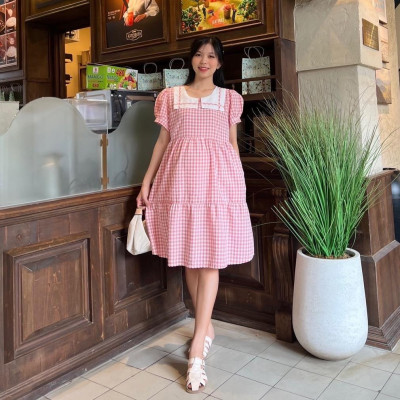 Đầm bầu karo cổ thuỷ thủ phom babydol trẻ trung, đáng yêu