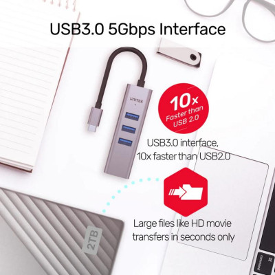 CÁP TYPE-C -> 3 USB 3.0 + LAN UNITEK H1904A - HÀNG CHÍNH HÃNG