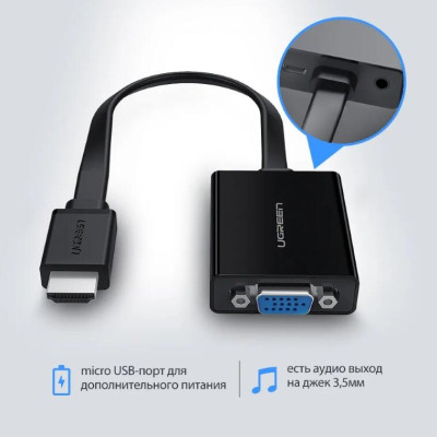 Ugreen UG40248MM103TK Màu Đen Bộ chuyển HDMI sang VGA dây dẹp kèm cổng âm thanh - HÀNG CHÍNH HÃNG