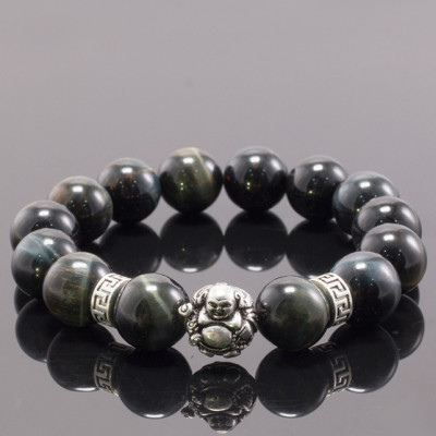 Vòng tay thạch anh mắt hổ xanh đen phối charm phật di lặc (12mm) Ngọc Quý Gemstones