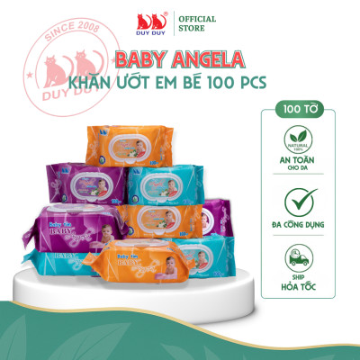 Combo 10 gói  Khăn ướt cho bé Angela baby tím vải không dệt rayon cao cấp 100 miếng (13.5x20cm) không cồn