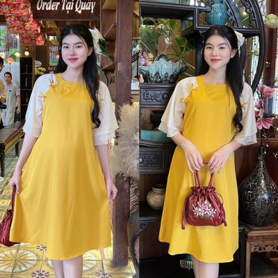 Đầm bầu thiết kế kiểu Áo dài cách tân Chất Cotton Lạnh đính nơ xinh xắn, thanh lịch