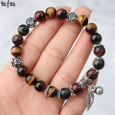 Vòng đá mắt hổ tam tài đa sắc 8mm 3A mix charm bạc 925 cao cấp