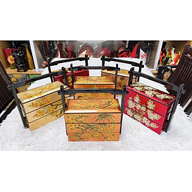 Hộp Cơm sushi sơn mài 3 tầng quai xách hàng vẽ đắp nổi cao cấp