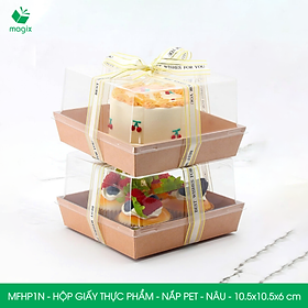 MFHP1N - 10.5x10.5x6 cm - 50 hộp giấy kraft thực phẩm màu nâu nắp Pet, hộp giấy vuông đựng thức ăn, hộp bánh nắp trong