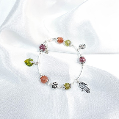 vòng tay mệnh mộc, hỏa đá ganet xanh, đá tourmaline mix đá mặt trời+ charm bàn tay LAT.101