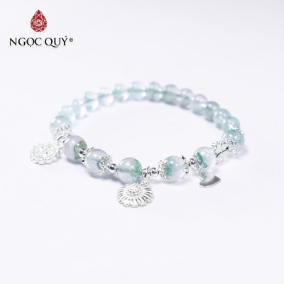 Vòng tay đá thạch anh ưu linh xanh phối charm hoa cúc size hạt 6mm mệnh hỏa, mộc - Ngọc Quý Gemstones