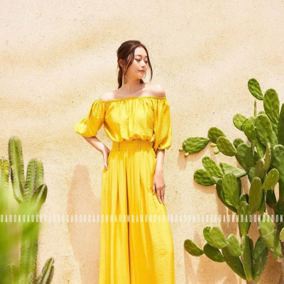 Set áo quần vàng trễ vai NGADO , set áo quần trễ vai , set áo quần kiểu Nữ