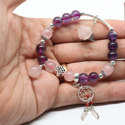 Vòng Thạch Anh Tím Mix Hồng + Hoa Mẫu Đơn Ngọc Quý Gemstones VT84