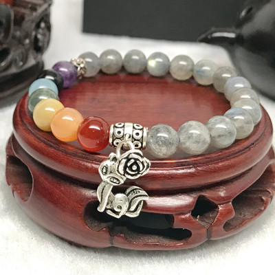 Vòng Tay Xà Cừ Xám Mix Đá 7 Sắc Và Charm Hồ Ly Bạc Ngọc Quý Gemstones VPT037 