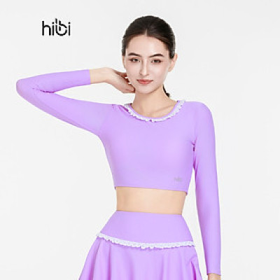 Áo bơi nữ Hibi Sports SS013 - Kiểu croptop tay dài, cổ nhún bèo trắng, kèm mút