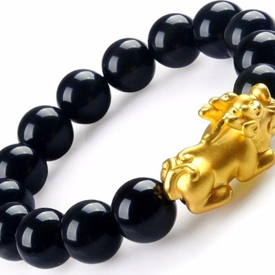 Lắc Tay Opal Đen Tự Nhiên Tỳ Hưu Bạc Mạ Vàng 24K 12MM