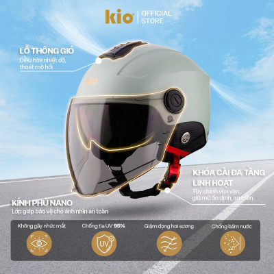 Mũ Bảo Hiểm Nửa Đầu Kio SafeStyle Metro KN12K, 2 Kính Phủ Nano Chống Tia UV, Lớp Lót Kháng Khuẩn
