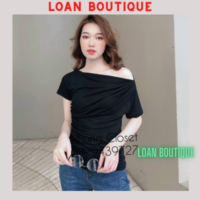 Aó thun hở vai rúm eo cộc tay chất thun lạnh mát đẹp