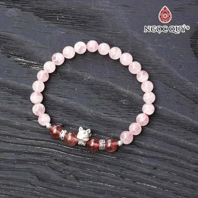 Vòng thạch anh hồng phối thạch anh dâu charm hồ ly 9 đuôi bạc - Ngọc Quý Gemstones