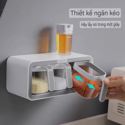 ✅ hàng cao cấp ✅  Bộ 3 ngăn và bộ 2 ngăn - hộp đựng gia vị thông minh có sẵn thìa từng ngăn bằng nhựa ABS gắn tường không cần khoan đục