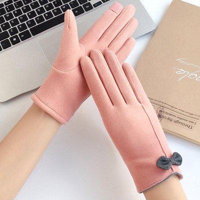 Găng tay nữ cảm ứng lót nỉ ấm áp họa tiết nơ nhỏ xinh