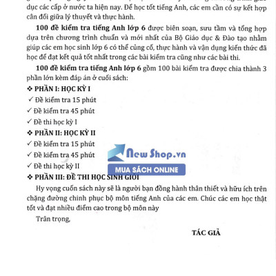 100 Đề Kiểm Tra Tiếng Anh 6 (Biên Soạn Theo Chương Trình Của Bộ Giáo Dục Và Đào Tạo)_KV