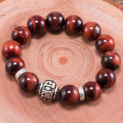 Vòng tay đá thạch anh mắt hổ phối charm lục tự bạc (14mm) Ngọc Quý Gemstones