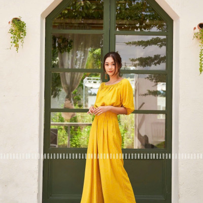 Set áo quần vàng trễ vai NGADO , set áo quần trễ vai , set áo quần kiểu Nữ