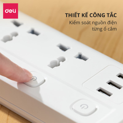 Ổ Cắm Điện Đa Năng Kèm Cổng USB CÔNG TẮC RIÊNG Chống Giật Chống Cháy Chất Lượng Cao Deli - Hàng Chính Hãng - ET409 410 411
