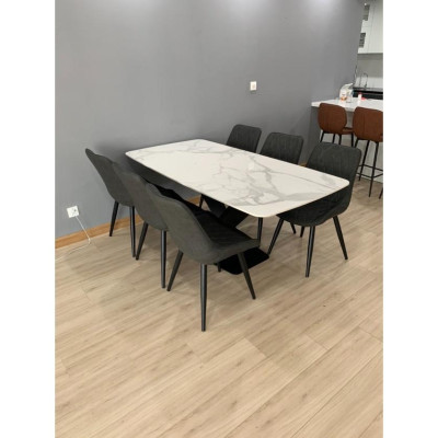 Bộ bàn ăn chân X 1m6 + 6 ghế Loft Trám mặt đá ceramic  Thương hiệu Nội Thất Bình Long 