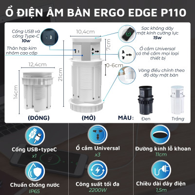 Ổ điện âm bàn Ergo Edge DandiHome tích hợp sạc không dây 15w - bảo hành 12 tháng