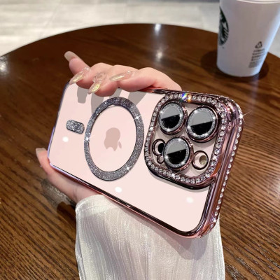 Ốp lưng cho iphone 15 pro max sạc từ tính đính đá vòng kim tuyến rất đẹp - hàng chính hãng 