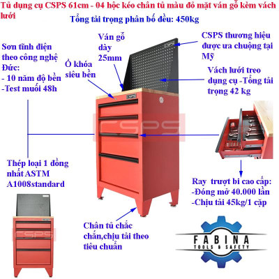 Tủ dụng cụ CSPS 61cm - 04 hộc kéo chân tủ màu đỏ mặt ván gỗ kèm vách lưới