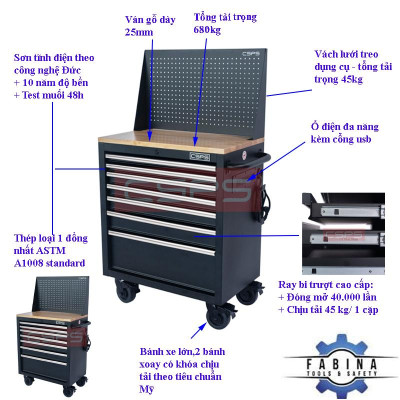 Tủ dụng cụ 7 ngăn kéo , mặt ván gỗ màu đen mờ 76cm kèm vách lưới 