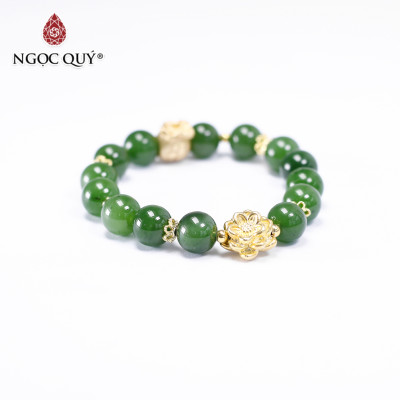 Vòng tay đá ngọc bích phối hoa sen mạ vàng size hạt 10mm mệnh hỏa, thổ - Ngọc Quý Gemstones