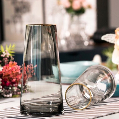 BÌNH CẮM HOA THỦY TINH , LỌ CẮM HOA THỦY TINH MÀU XÁM KHÓI VIỀN VÀNG - VD40