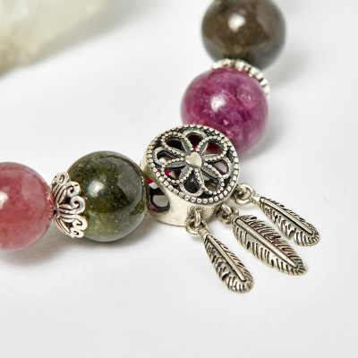 Vòng tourmaline đa sắc phối charm dreamcatcher bạc hạt 10mm , đk 52mm - Ngọc Quý Gemstones
