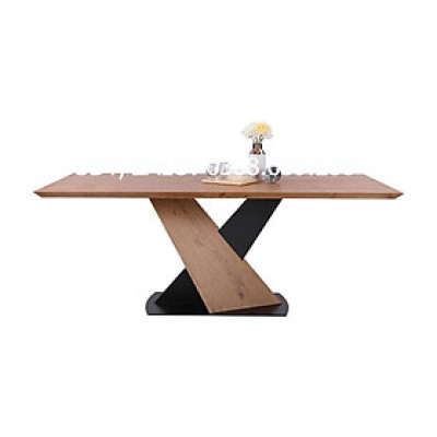 Bàn ăn VALDUS mặt gỗ công nghiệp phủ veneer sồi sang trọng, chân chữ X bằng thép sơn tĩnh điện đen