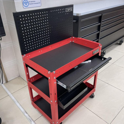 Xe đẩy 3 tầng CSPS màu đỏ, vách lưới và hộc kéo màu đen kèm khay đựng
