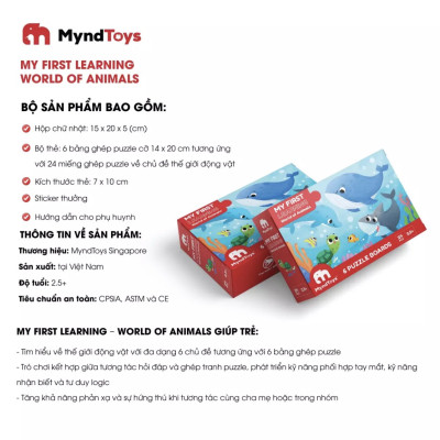 GHÉP HÌNH THẾ GIỚI ĐỘNG VẬT giúp giáo dục sớm cho trẻ 2.5 tuổi trở lên có tặng kèm sticker | World of Animals puzzle chính hãng Myndtoys Singapore