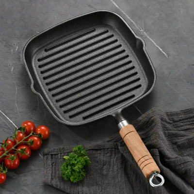 Chảo Gang Nướng Chống Dính Cán Gỗ Sọc Ngang Nướng Bbq Bò Bít Tết Gang Đúc Nguyên Khối