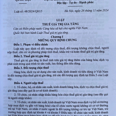 Luật thuế; Thuế giá trị gia tăng; Thu nhập doanh nghiệp; Thuế thu nhập cá nhân; Thuế xuất khẩu, Thuế nhập khẩu; Thuế tiêu thu đặc biệt; Thuế tài nguyên; Thuế bảo vệ môi trường; Thuế sử dụng đất phi nông nghiệp và các văn bản hướng dẫn thi hành