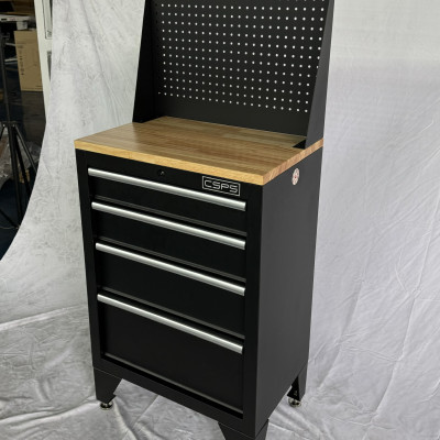 Tủ dụng cụ CSPS 61cm - 04 hộc kéo màu đen chân tủ ván gỗ vách lưới (tay cầm trắng)