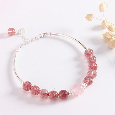 Vòng tay đá thạch anh dâu phối charm ống bạc mệnh hỏa, thổ - Ngọc Quý Gemstones