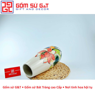 Lọ hoa trang trí dáng bom khắc sen hồng Gốm Sứ G&T