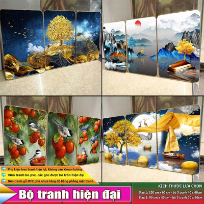 Bộ tranh treo tường 3 tấm trang trí phòng khách, phòng ngủ phong cách mỹ thuật hiện đại chất liệu cán pvc gương:4419L15S