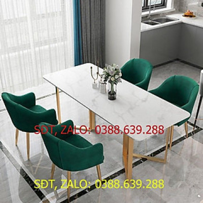 Bàn ăn vân đá cẩm thạch màu trắng - Bàn ăn chân chữ V kim loại mạ nhũ vàng đồng LUX-BGA05