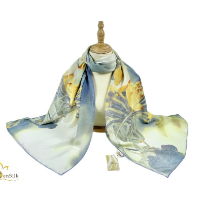 Khăn Lụa in Sen Vàng SenSilk KLDI01 - 100% Mulberry Silk Printed Scarf - Quà Tặng Việt Nam