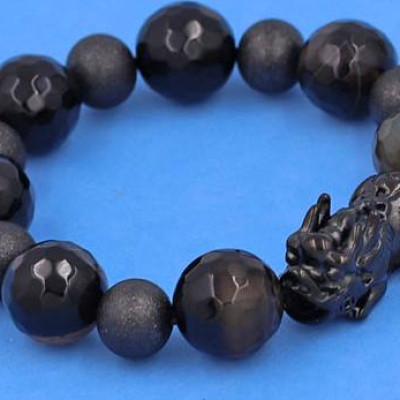 Vòng tay Tỳ Hưu inox Charm Thạch Anh Đen Nâu Cắt Gíac 16 ly phối 6 bi - hợp mệnh Mộc, mệnh Thủy - Vòng size XXL