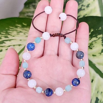 Vòng tay Nữ phong thủy đá Amazonite mix bi bạc tròn hút Tài Lộc Duyên kết dây cotton thủ công