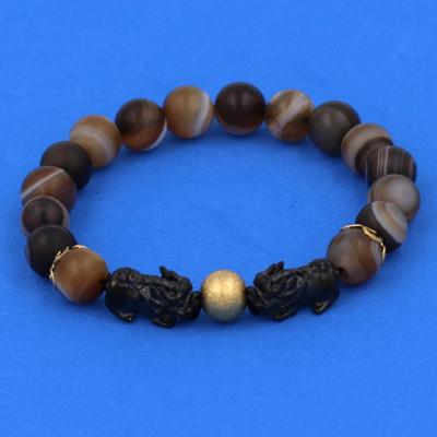 Vòng tay Mã Não Nâu Sọc Mờ size 8 ly, 10 ly, 12 ly - Vòng tay Tỳ Hưu Đôi inox đen VMNNSMTHHEV8 - hợp mệnh Kim, mệnh Thổ